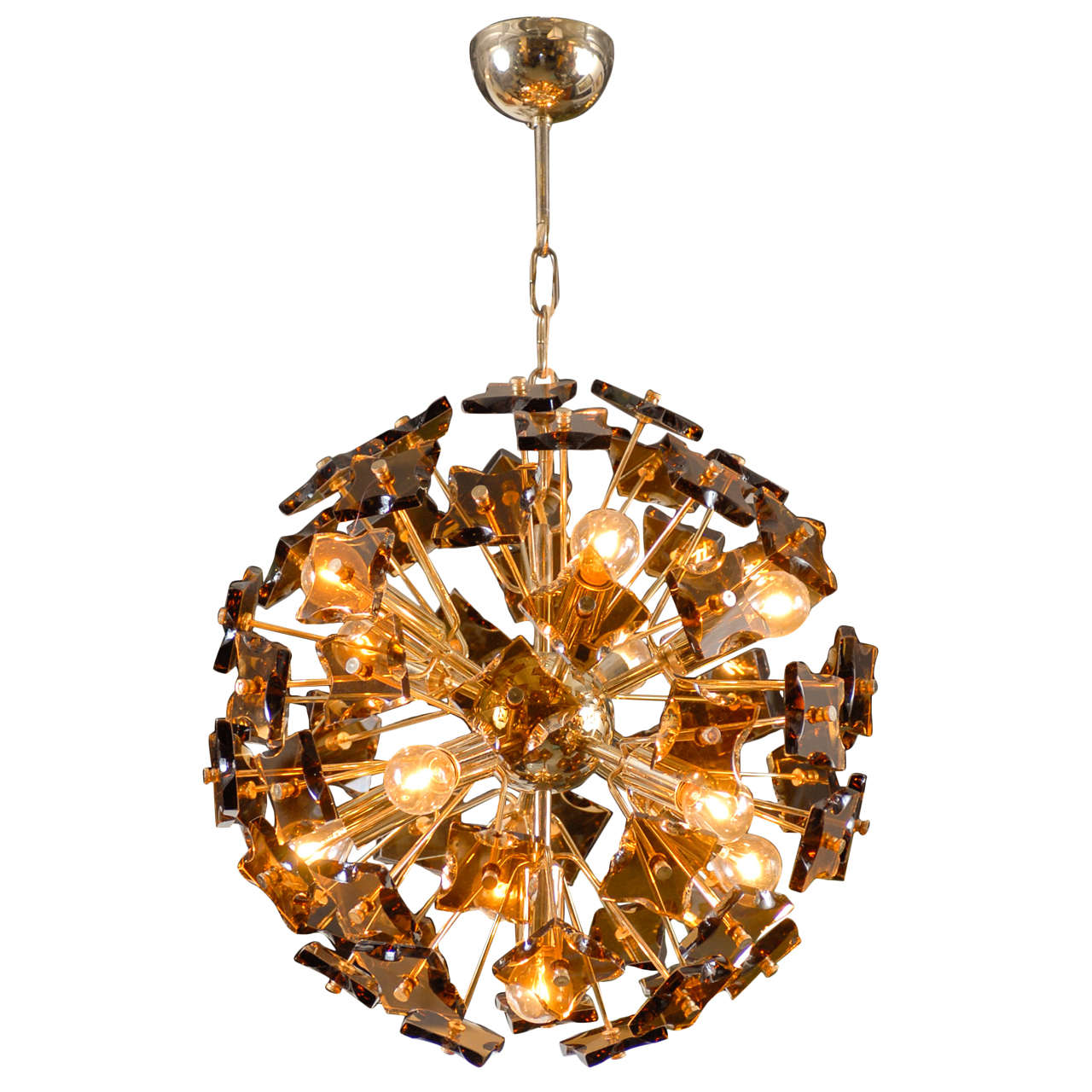 1960's Brass & Smoked Glass Italian Sputnik Chandelier