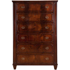 Tall Continental Figured Mahogany Six Drawer Chest