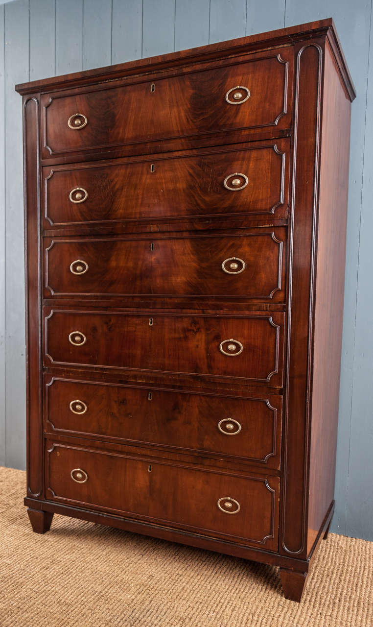 Biedermeier Tall Continental Figured Mahogany Six Drawer Chest