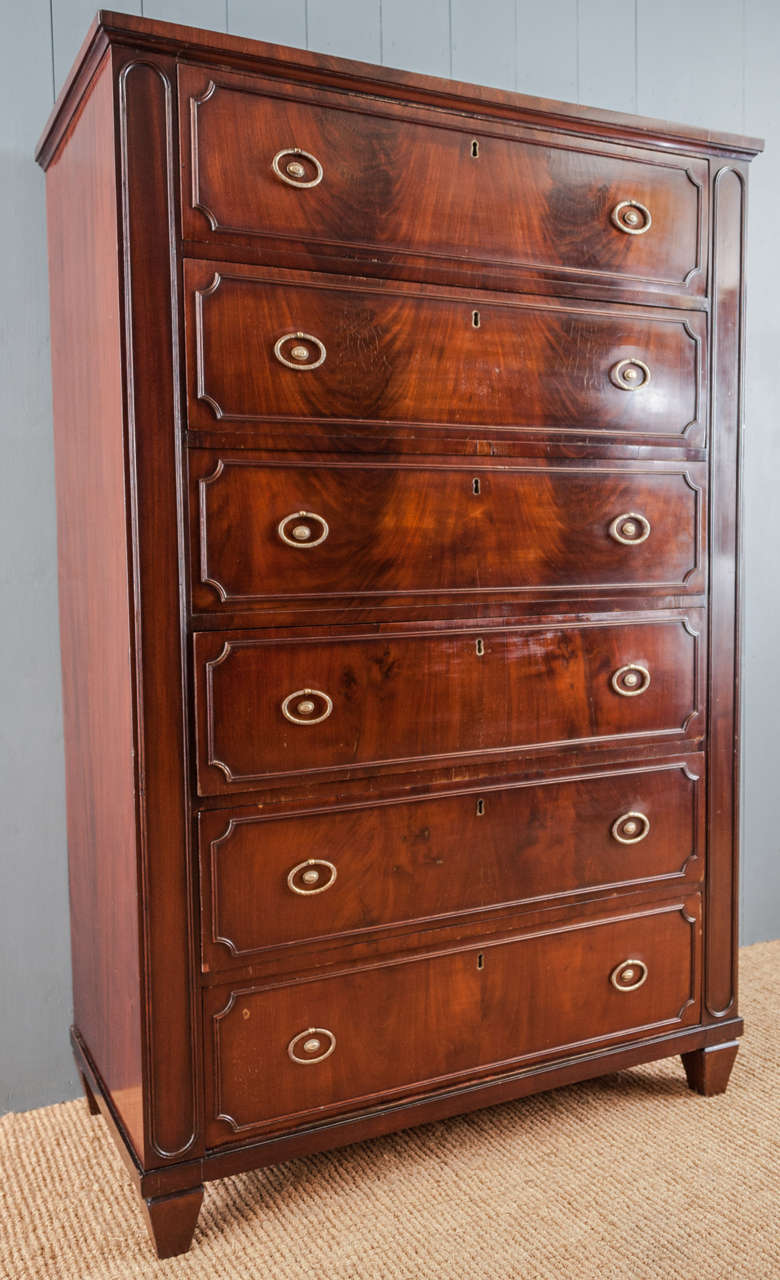 Tall Continental Figured Mahogany Six Drawer Chest 2
