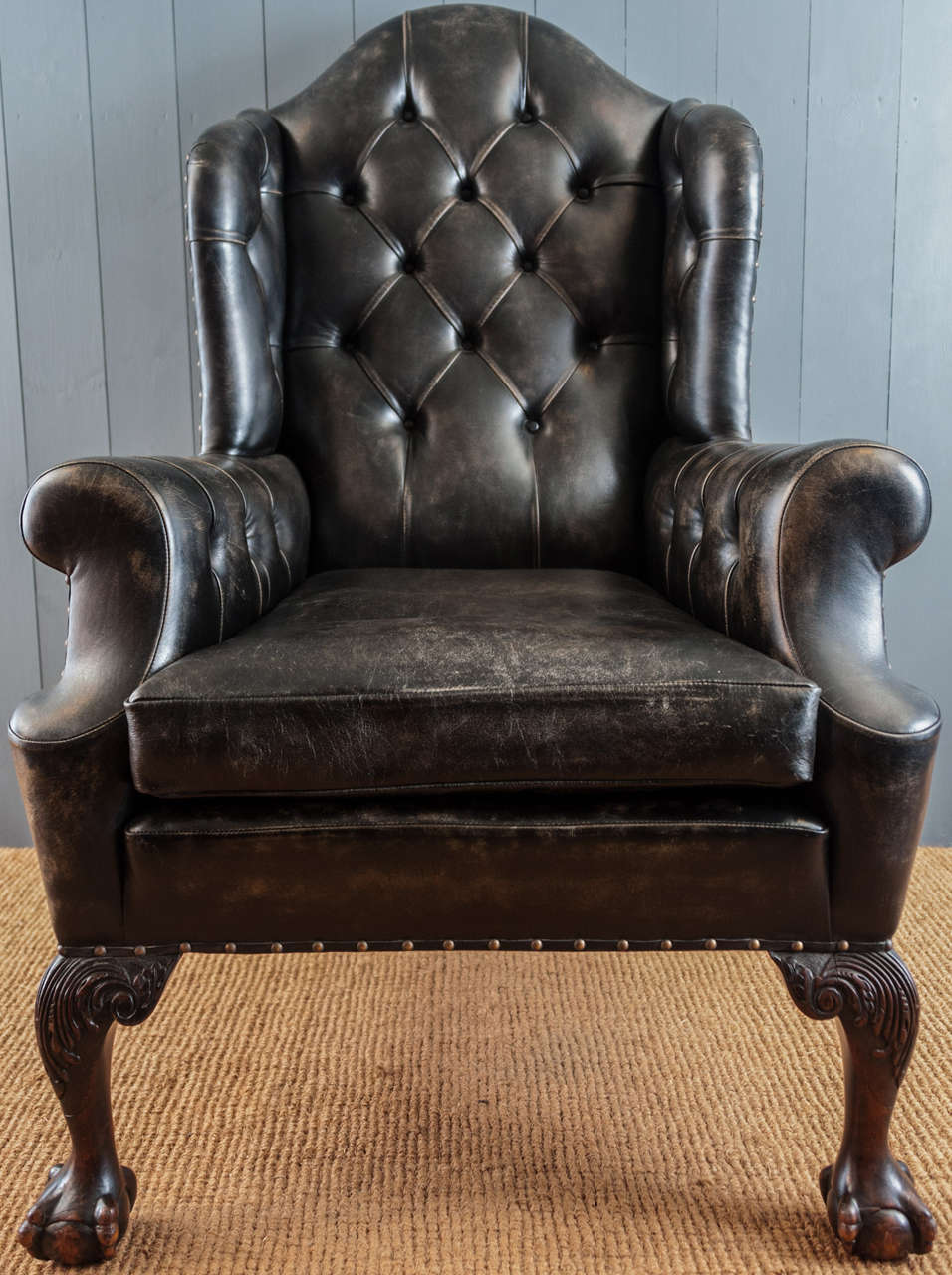 Georgian A 19thc Mahogany Buttoned Leather Wing Armchair For Sale