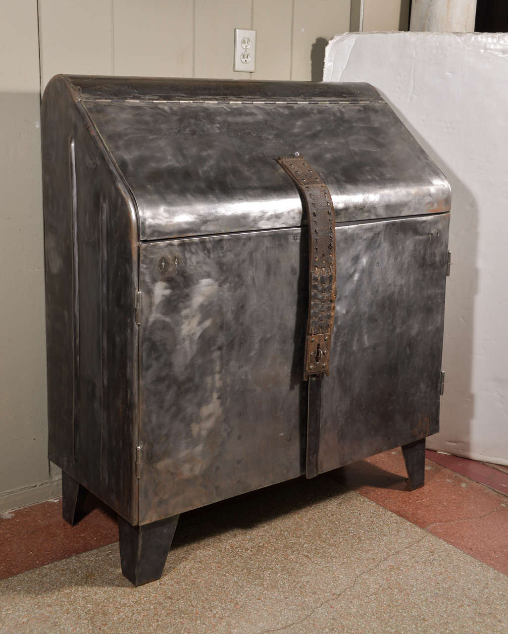 Polished Steel Desk With Leather Strap For Lock