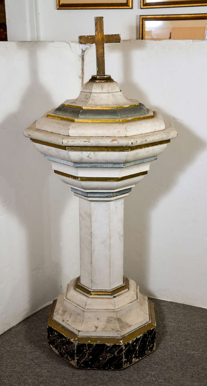 19th c. Baptismal Font with Gilded Accents. Top lifts off. An eight sided baptismal is said to symbolize creation.
