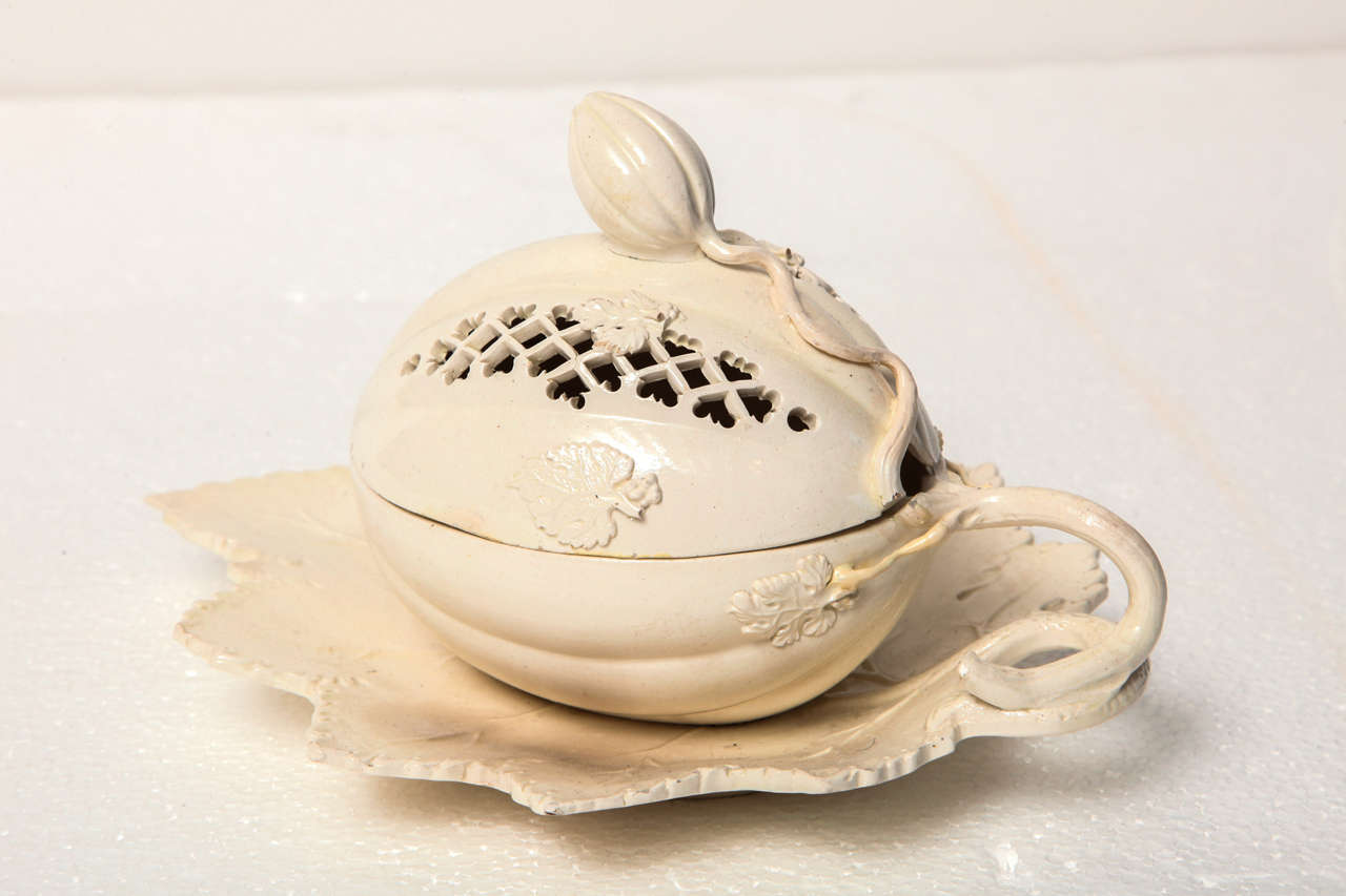 An English Creamware Melon Shaped Tureen with an Attached Under Plate and Lid Circa 1780