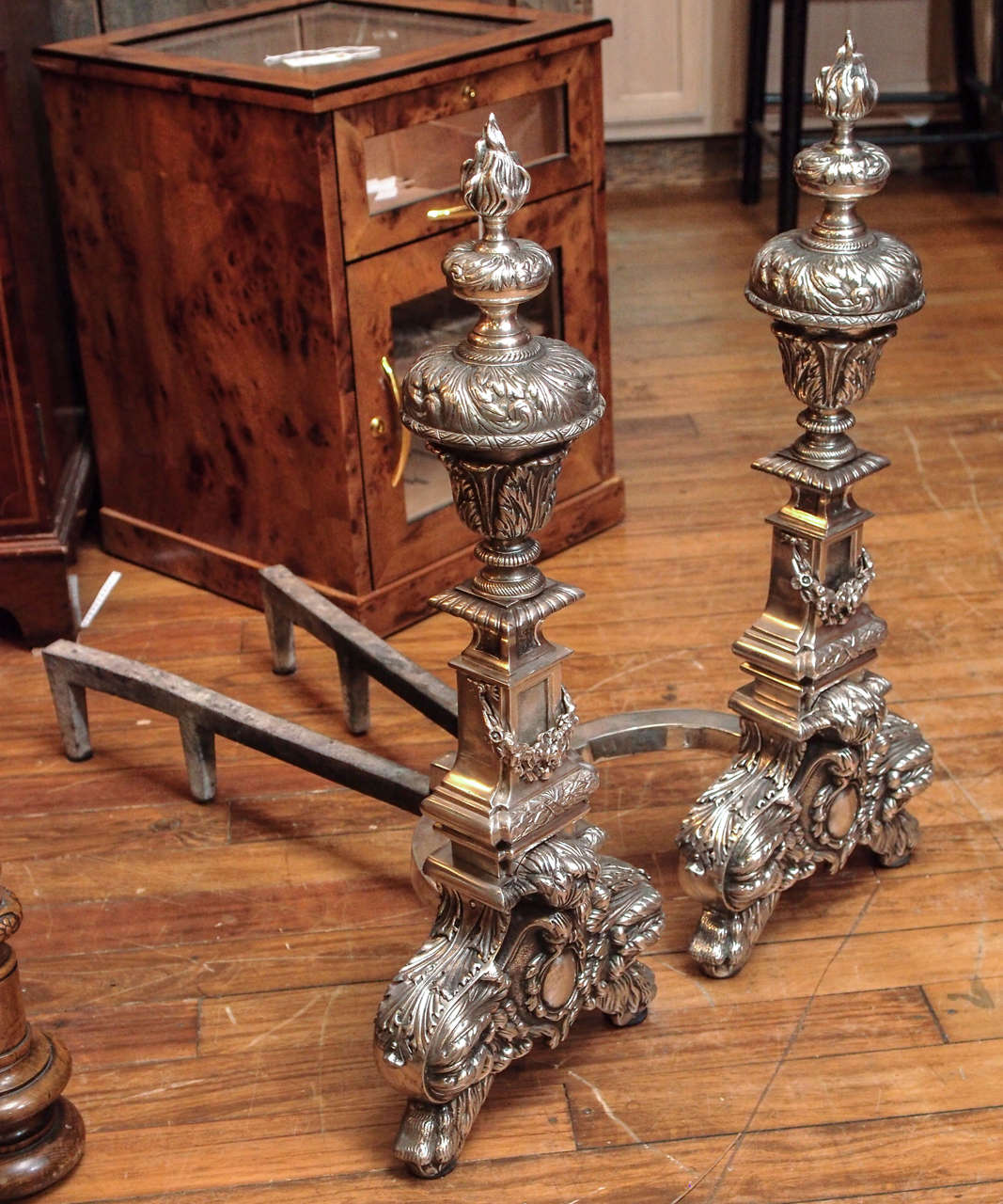 Pair Antique French Silvered Bronze Andirons