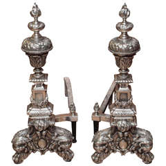 Pair Antique French Silvered Bronze Andirons