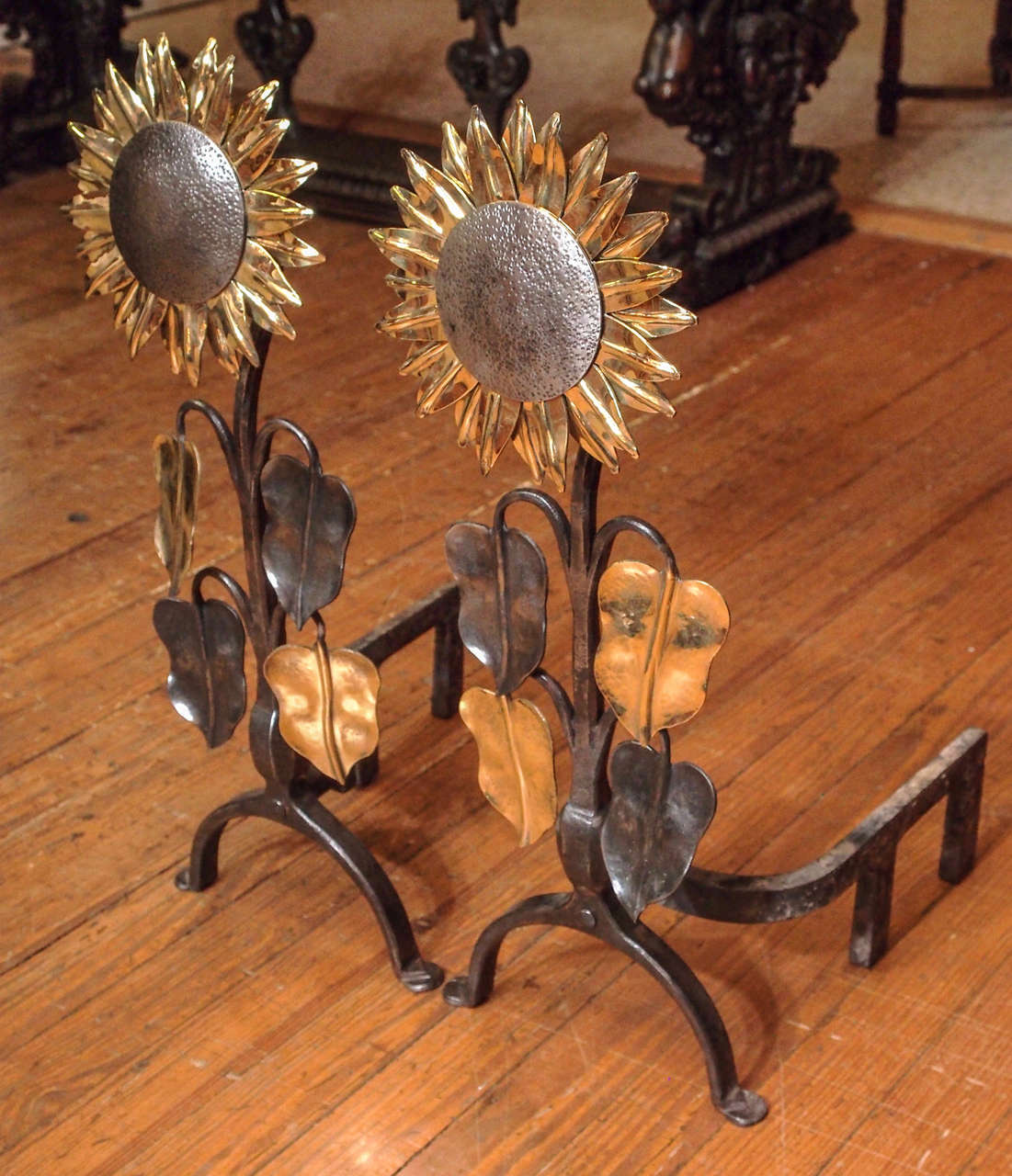 Pair Antique French Aesthetic Movement Polished Steel and Bronze Andirons
Designed by Thomas Jeckyll for the Peacock Room, dining room of London shipping giant Frederick Leyland.