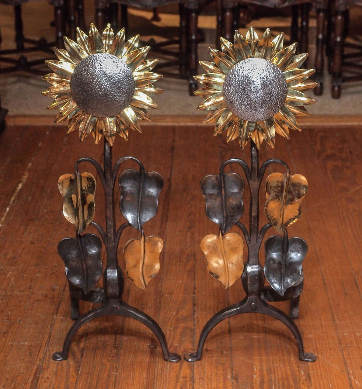 Pair of Antique French Aesthetic Movement Polished Steel and Bronze Andirons In Excellent Condition In New Orleans, LA