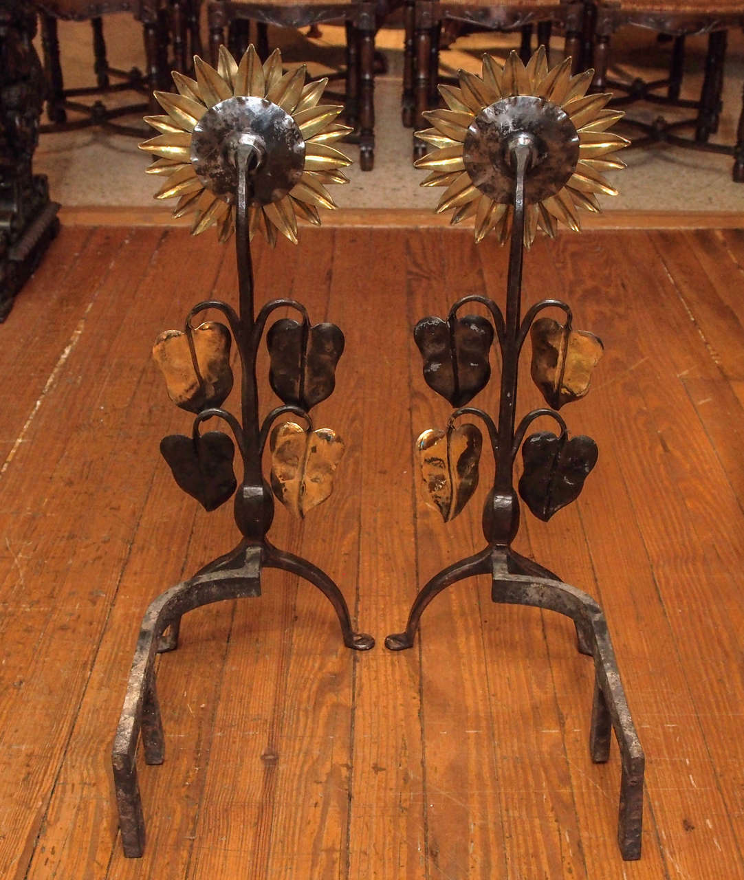 Pair of Antique French Aesthetic Movement Polished Steel and Bronze Andirons 4