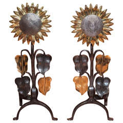 Pair of Antique French Aesthetic Movement Polished Steel and Bronze Andirons