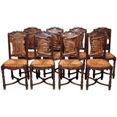 Set of Eight Antique French Carved Brittany Country Chairs