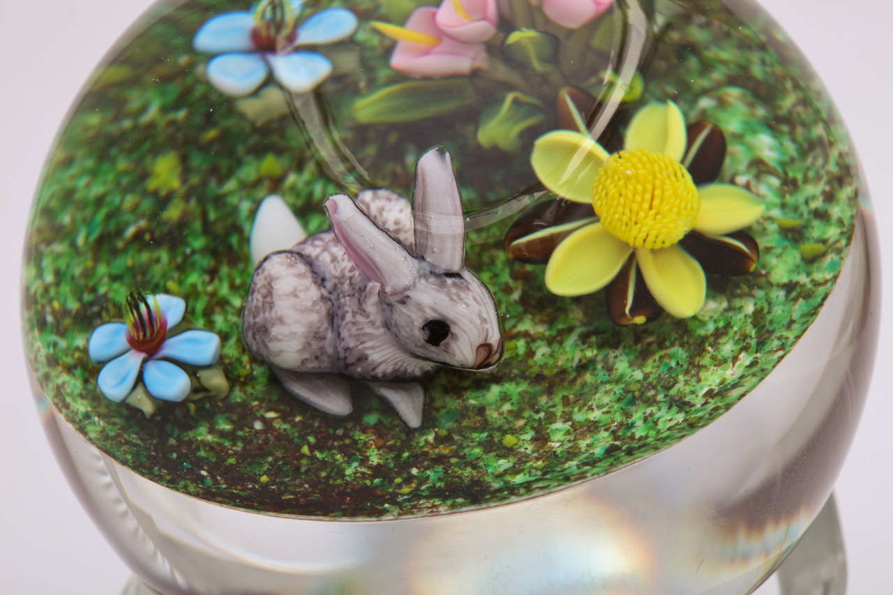 Ken Rosenfeld Miniature Rabbit and Flower Paperweight In Excellent Condition In New York, NY