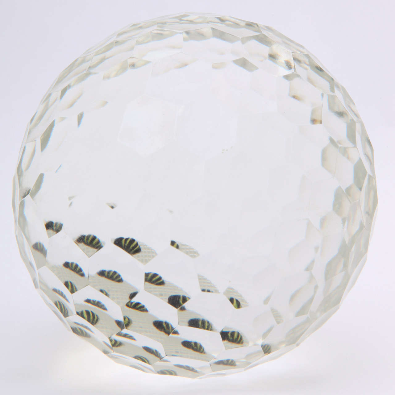 A fine 1981 Perthshire Paperweights Ltd. magnum honeycomb faceted bee paperweight, with four bees in a large faceted paperweight with grid cut base