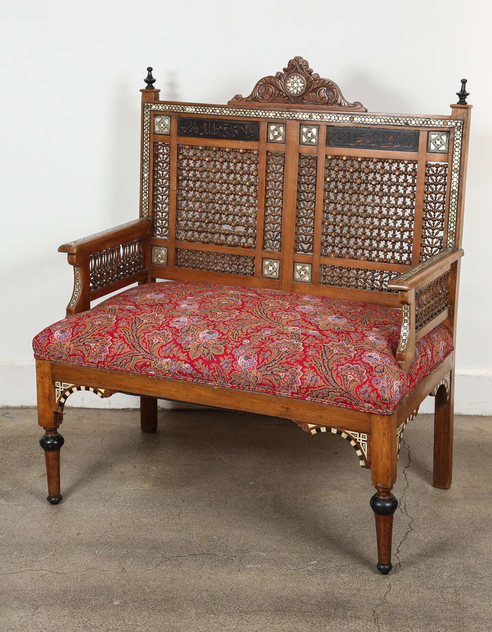 Moorish Syrian Settee suite with sofa and 2 chairs.
Inlaid with mother of pearl and ebony, fine fret work, mousharabie work and engraved with Arabic designs.
Sofa size is: 37