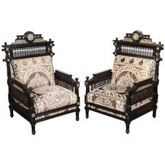 Antique Syrian Moorish Style Black Armchairs 9