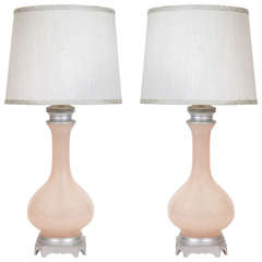 Pair of Elegant Murano Lamps in Tea Rose Opaline Glass