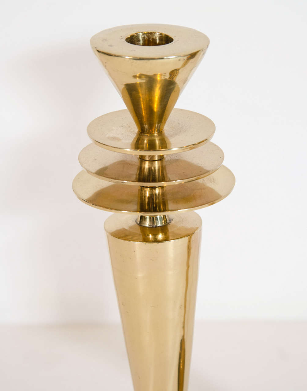 Art Deco Pair of Machine Age Candle Holders in Gold Plated Brass