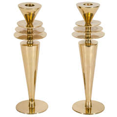 Pair of Machine Age Candle Holders in Gold Plated Brass