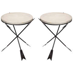 Pair of 1940s Art Moderne Wrought Iron and Marble Tables