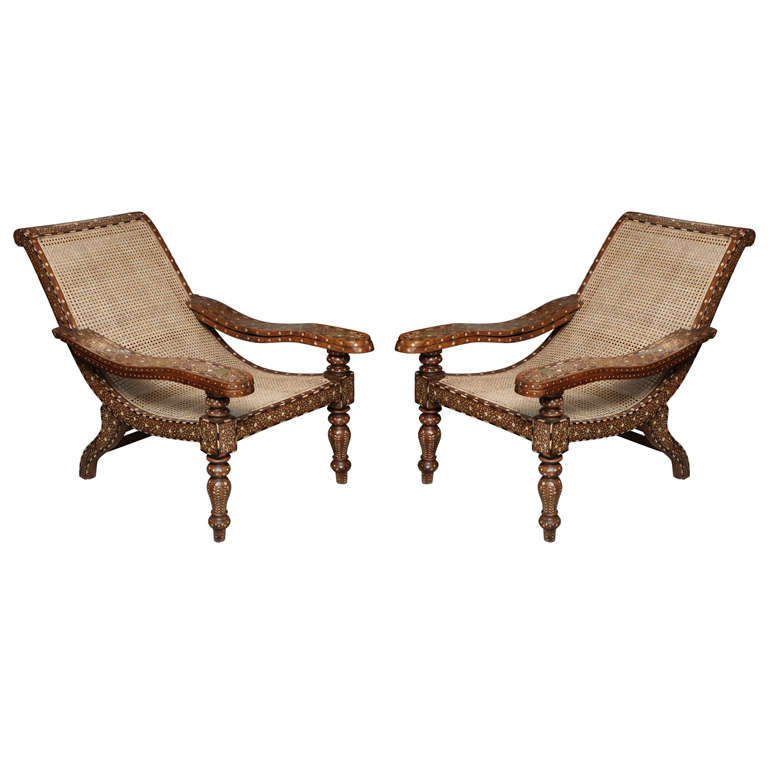 Rare Pair Of Antique Anglo-Indian Bone Inlaid Plantation Chairs