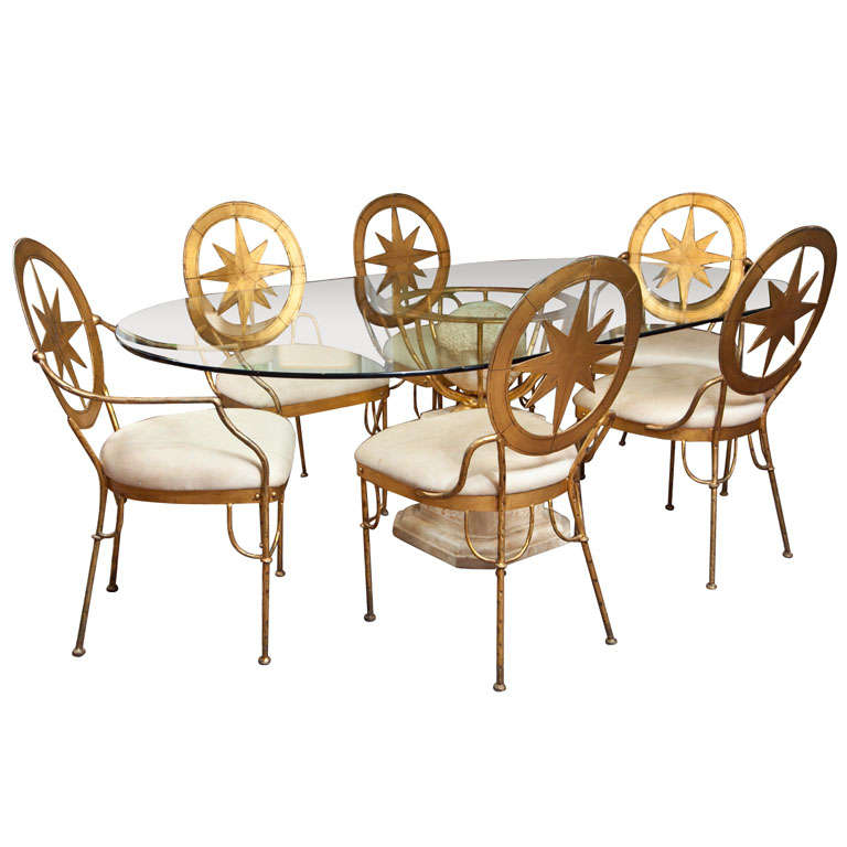 Marble, Sculpted Stone, Glass Top Table with Six Chairs at 1stDibs