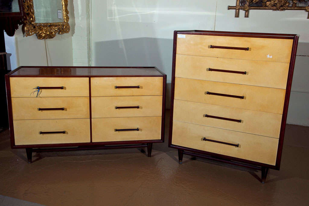 A very nice pair of mahogany and parchment deco style chests. Each having oak secondaries. Sold separately for $1950.00 each. Shorter cabinets dimensions: 32.50 high, 54 long, 21 deep. 
Can buy one. Price for each item.
