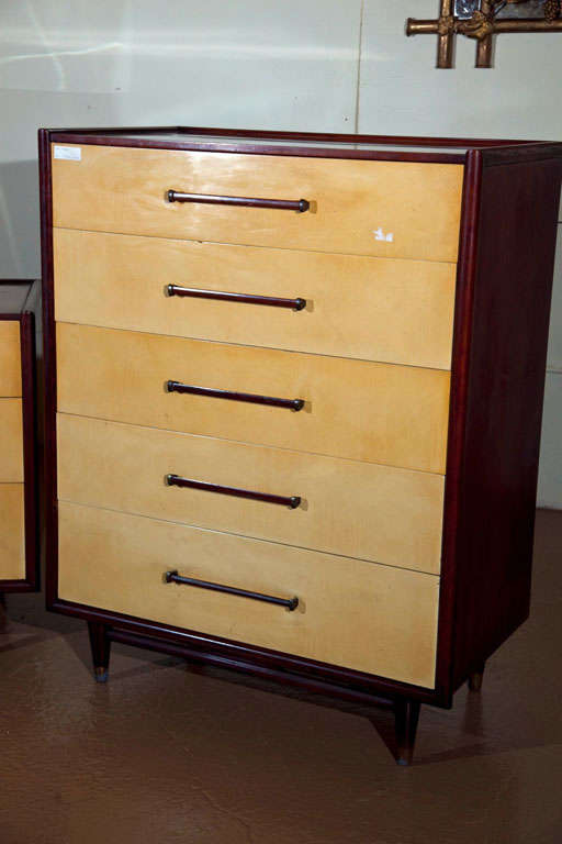 Art Deco Pair Mid-Century Modern Mahogany And Parchment Compatible Chests Dressers