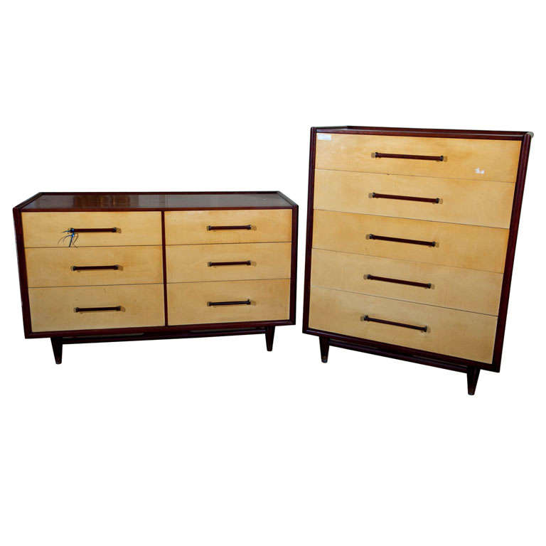 Pair Mid-Century Modern Mahogany And Parchment Compatible Chests Dressers