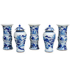 Vintage Five Piece Blue and White Porcelain Garniture Set