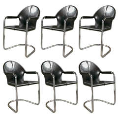 Set of Six Mid Century Italian Chrome And Leather Dining Chairs