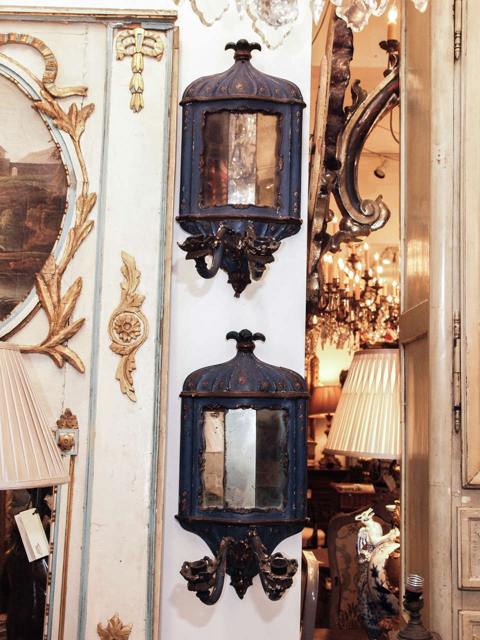 Pair of 18th c. Venetian Painted wood and mirrored wall sconces with two arms. 
