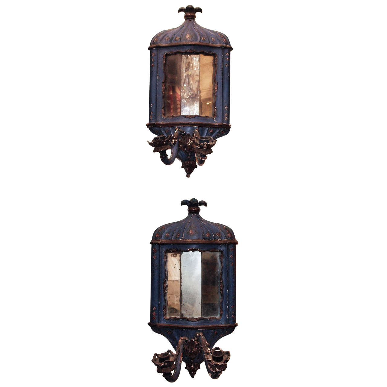 Pair of 18th c. Painted Wood Venetian and Mirror Wall Sconces For Sale