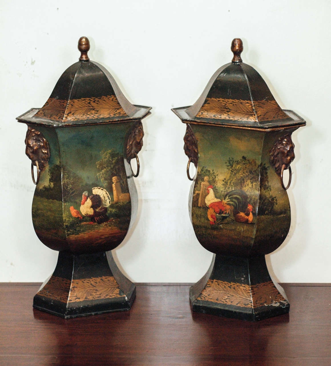 Pair of English Regency Covered Urns with Turkey, pheasant and cocks. 
Original paint.
