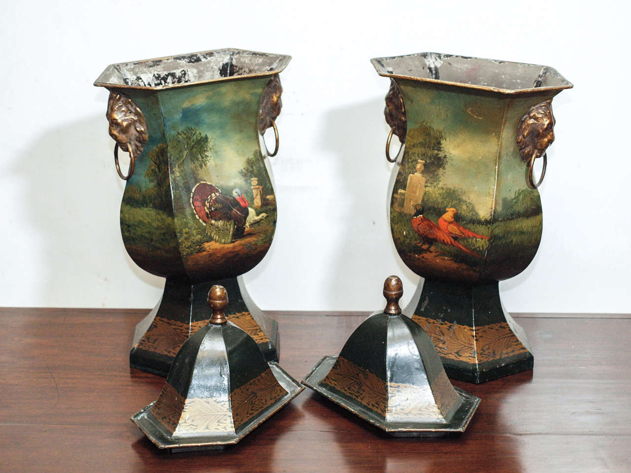 Pair of English Regency Covered Tole Urns 6
