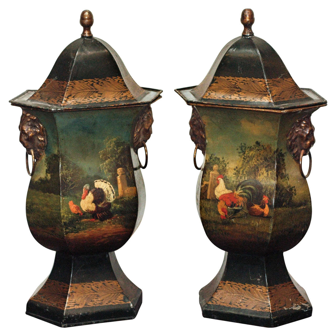 Pair of English Regency Covered Tole Urns