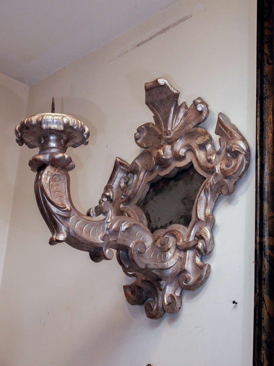 Pair of Late 17th c. Italian Baroque Mirrored wall sconces with large arms and prickets 