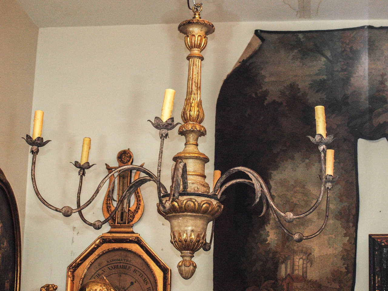 18th c. Tuscan Gilt Wood and Paint with 6 iron arms now wired for US currency chandelier. This was candle when we bought it.