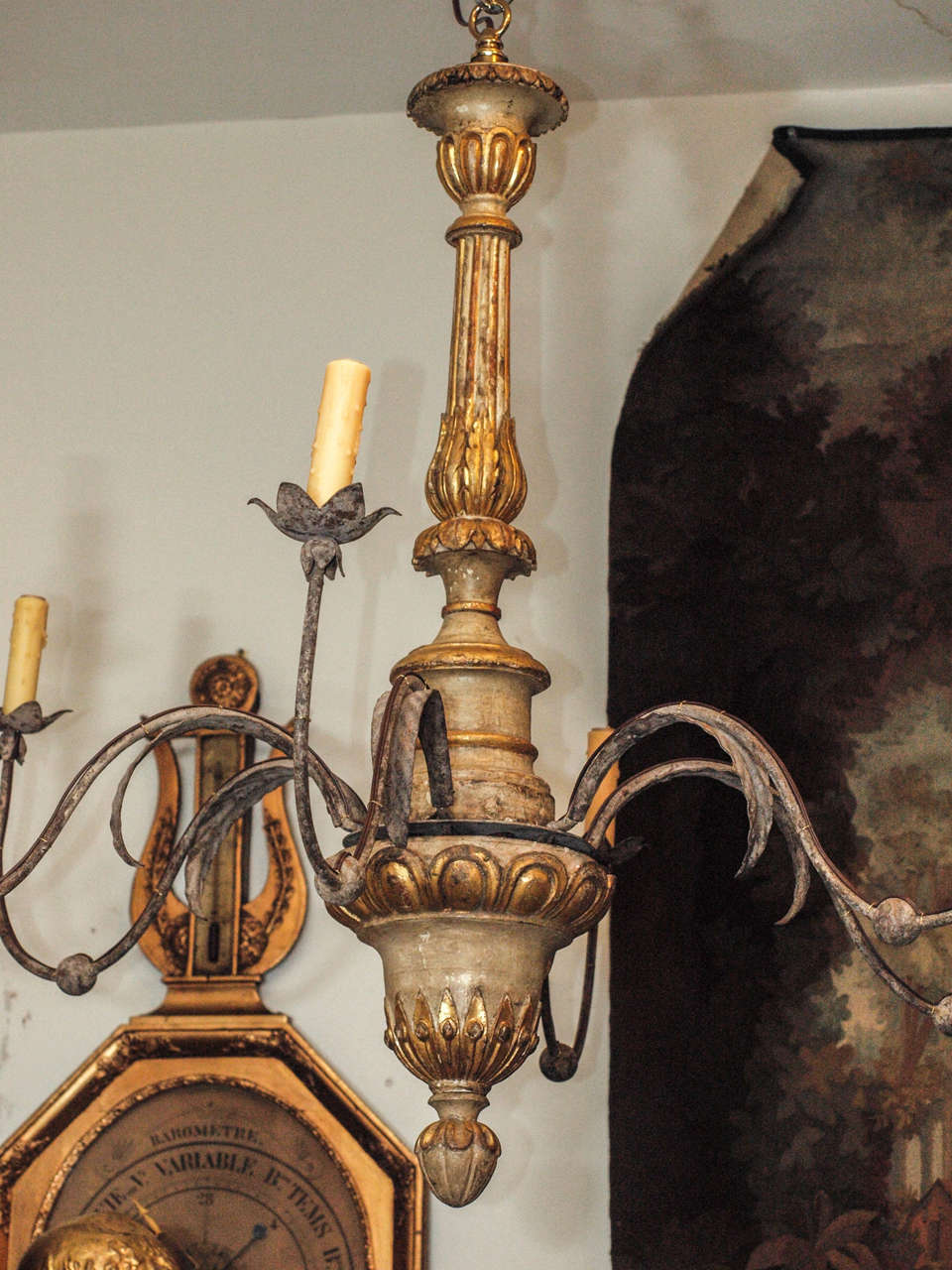 Baroque 18th c. Tuscan Gilt Wood and Paint 6 Arm Chandelier