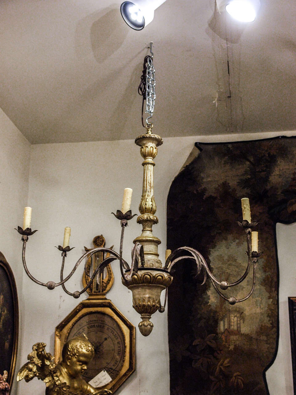 18th c. Tuscan Gilt Wood and Paint 6 Arm Chandelier 3
