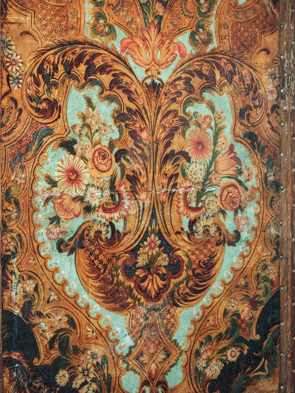 Baroque 17th Century Spanish Cordovan Polychromed Leather Four Panel Screen