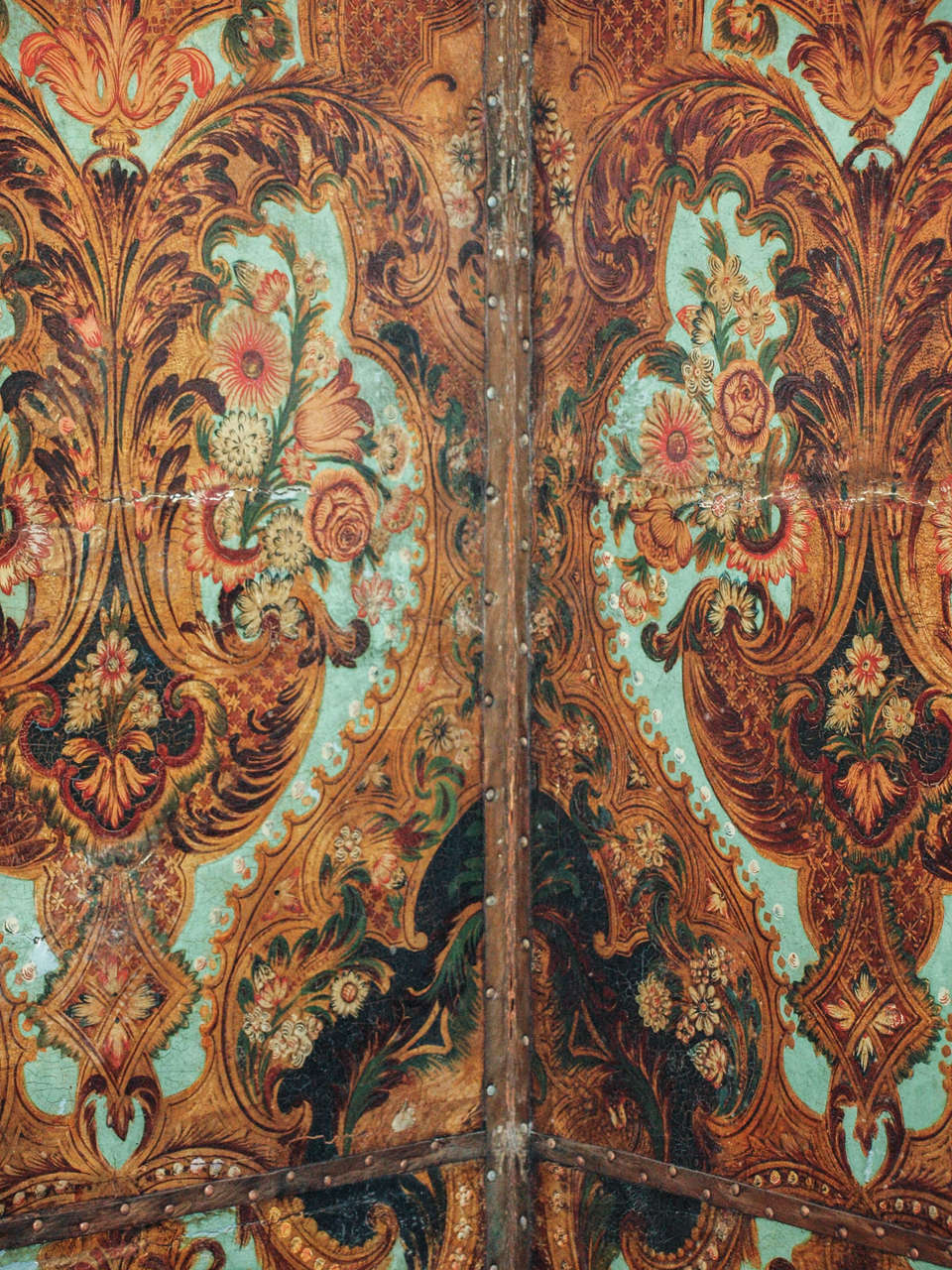 17th Century Spanish Cordovan Polychromed Leather Four Panel Screen In Distressed Condition In Natchez, MS