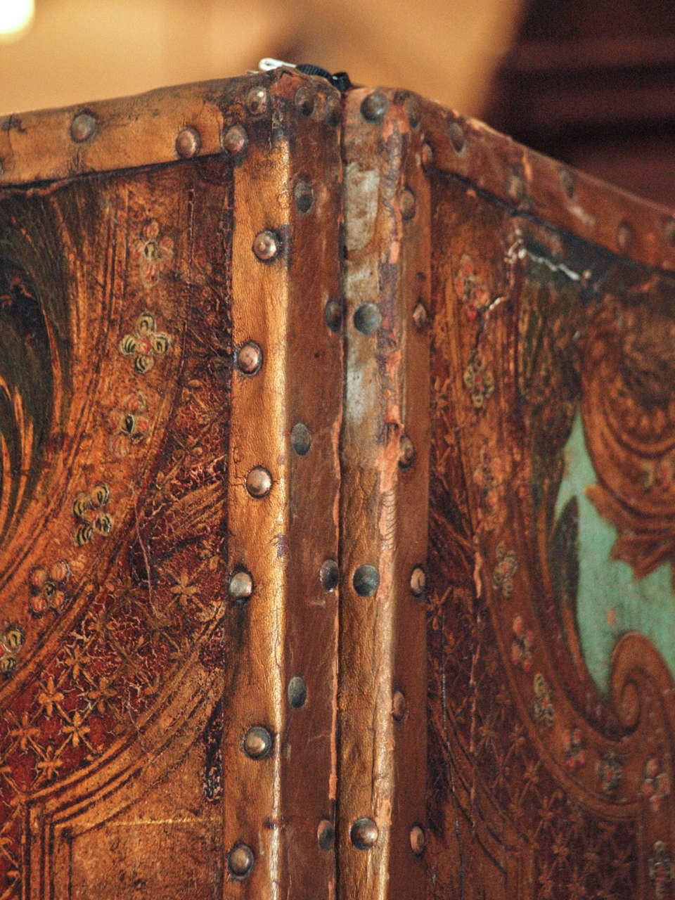 18th Century and Earlier 17th Century Spanish Cordovan Polychromed Leather Four Panel Screen