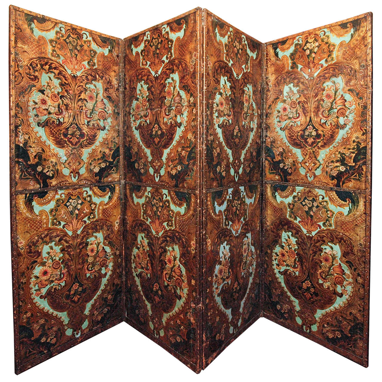 17th Century Spanish Cordovan Polychromed Leather Four Panel Screen