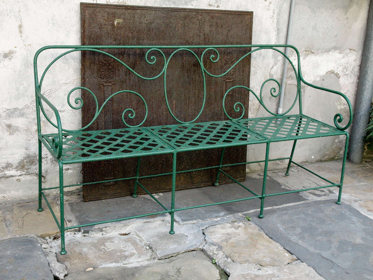 Late 19th century French painted iron garden bench