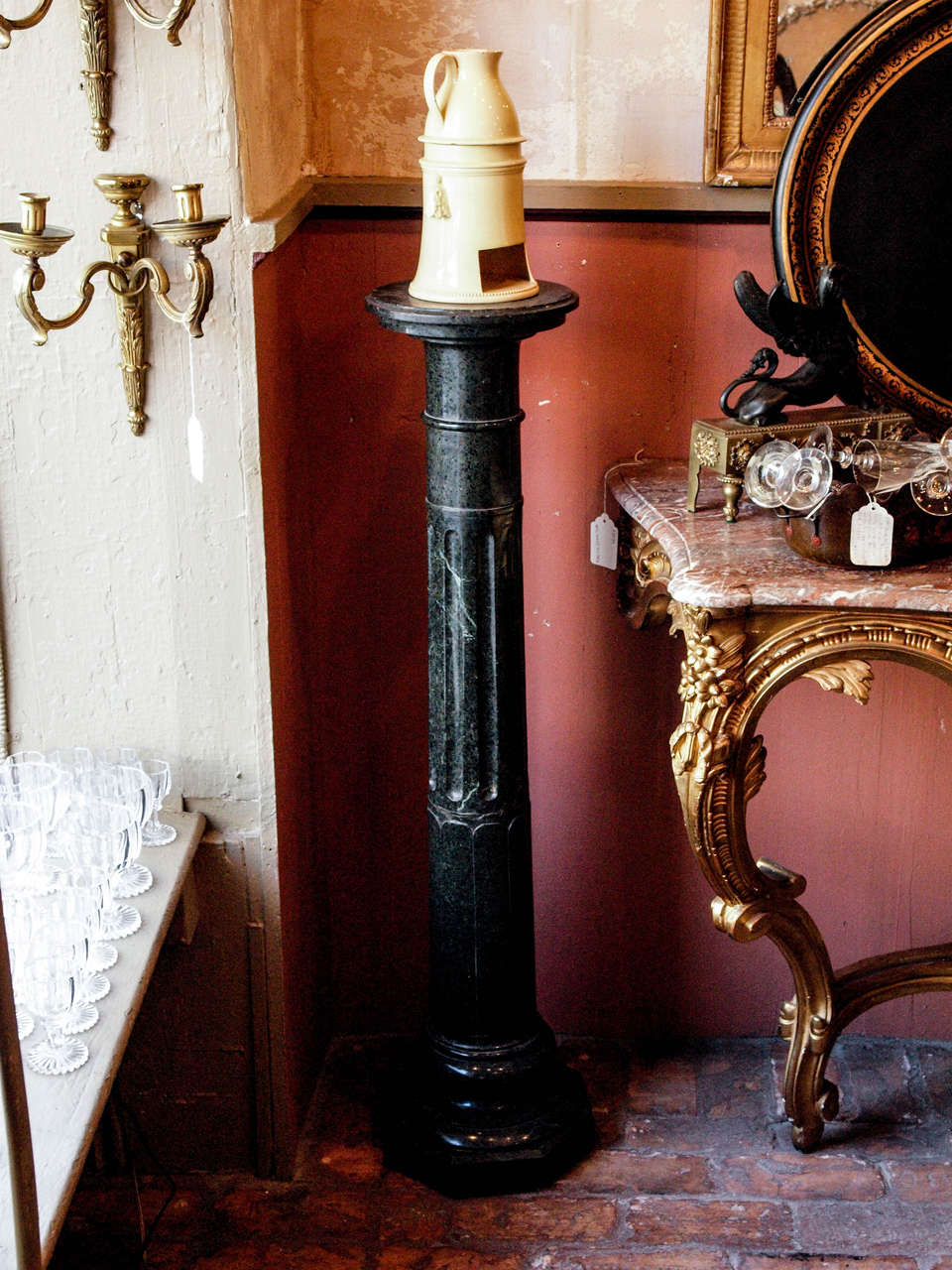 19th century French green marble pedestal in the form of a fluted column, circa 1860.