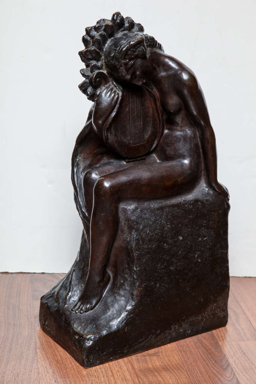 Amedeo Gennarelli (1881-1943).
"Woman with Lyre"
Black patinated bronze, cire perdue casting, numbered 7 in a limited edition of 10. Signed.
Measures: H. 20 1/2", W. 11 1/4", D. 7".
 