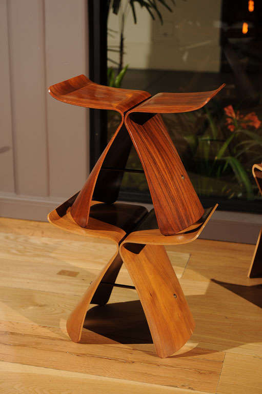 Butterfly stool produced by Tendo, walnut plywood, brass, Literature: Design Since 1945, Hiesinger, pg. 137
Second model avaiable in Rosewood, hand signed by Sori Yanagi (price upon request)
