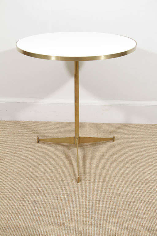 A Pair of Paul McCobb Brass and Opaque White Glass Tables. 3
