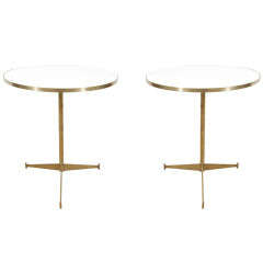 A Pair of Paul McCobb Brass and Opaque White Glass Tables.