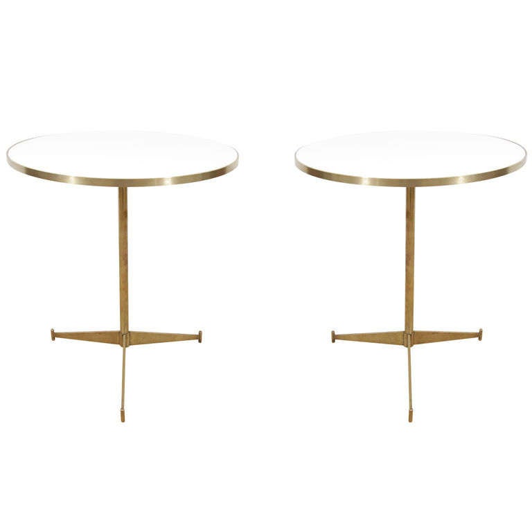 A Pair of Paul McCobb Brass and Opaque White Glass Tables.